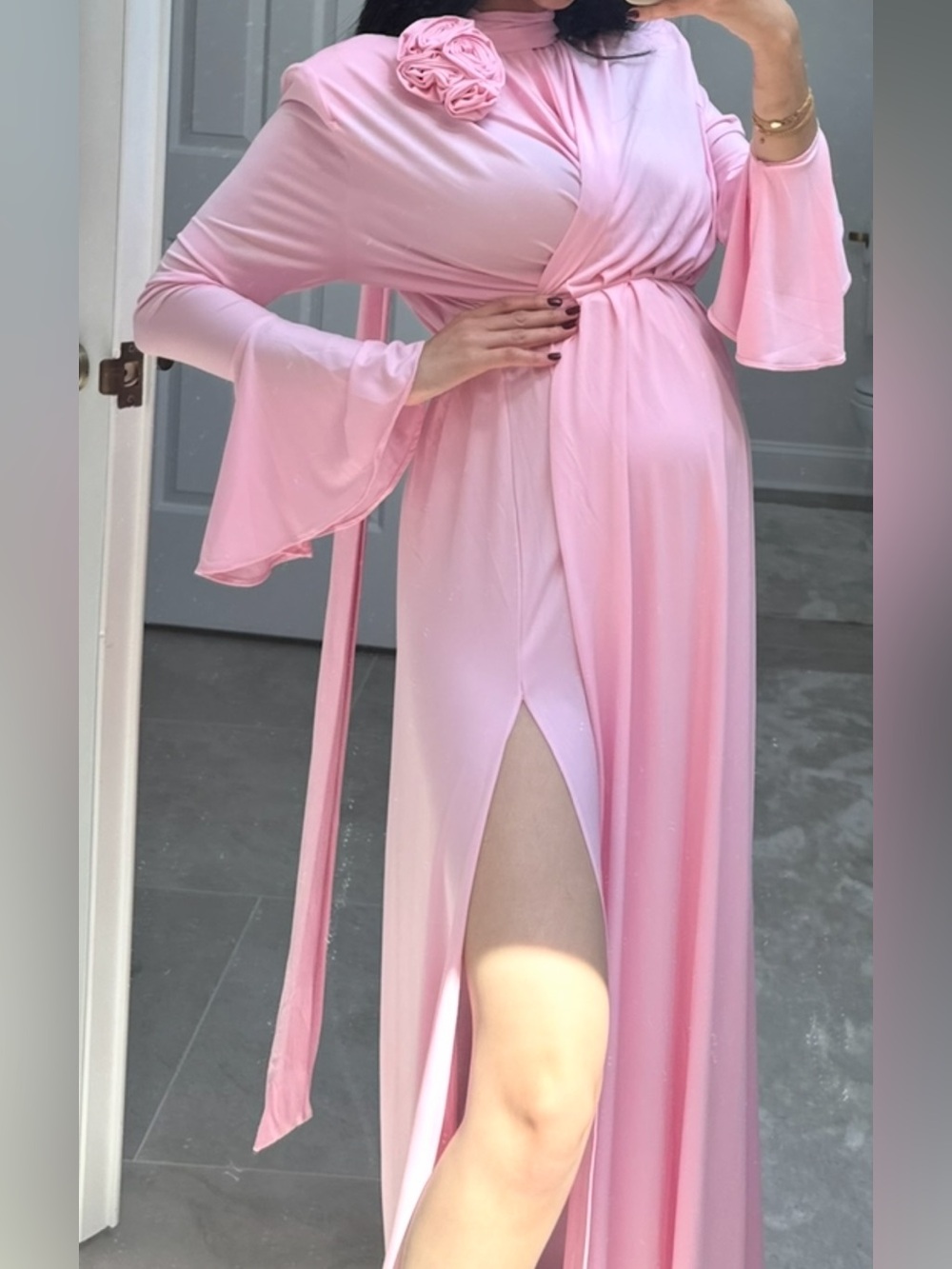 Baby Pink Maxi Wrap Dress with 3d flowers
